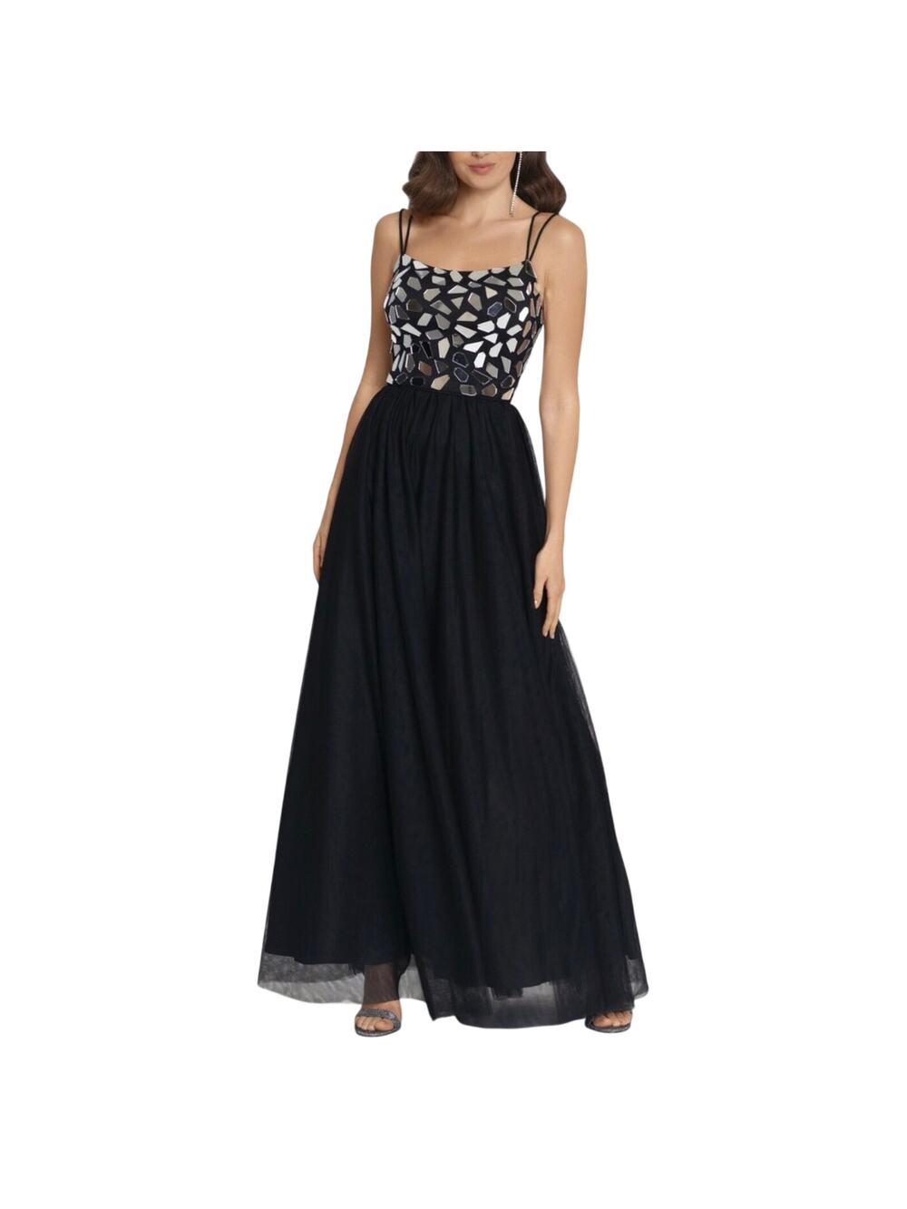 Blondie Nites Black Evening Gown Jeweled Tulle Strappy Back A-Line Dress Size 7